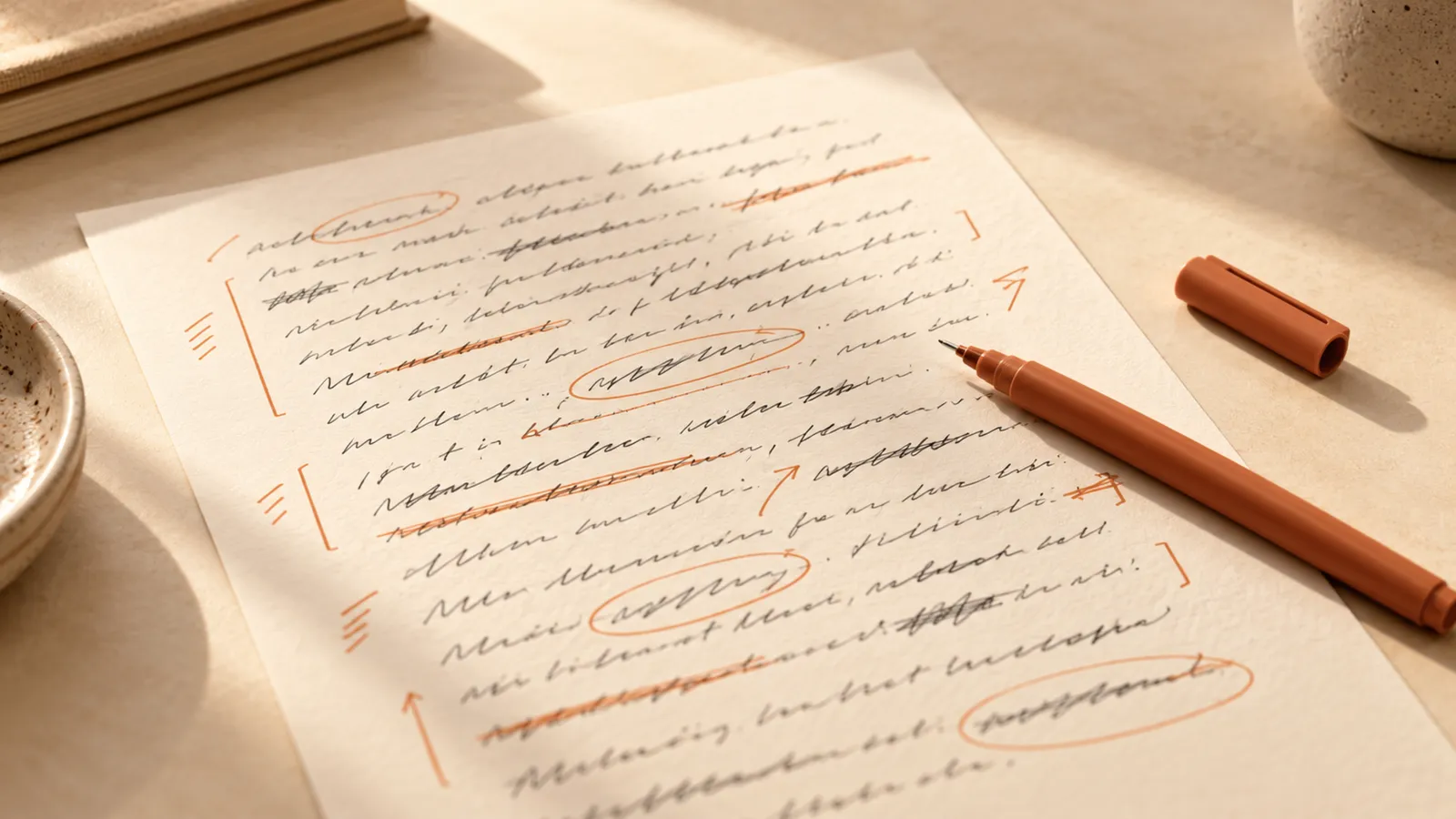 Folha de redação manuscrita cheia de marcações de correção em terracota, com caneta destampada.