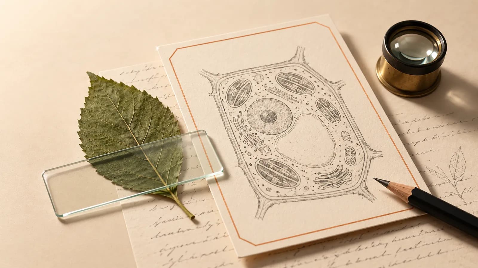 Folha prensada sobre lâmina de microscópio, desenho de célula vegetal e lupa sobre papel creme.
