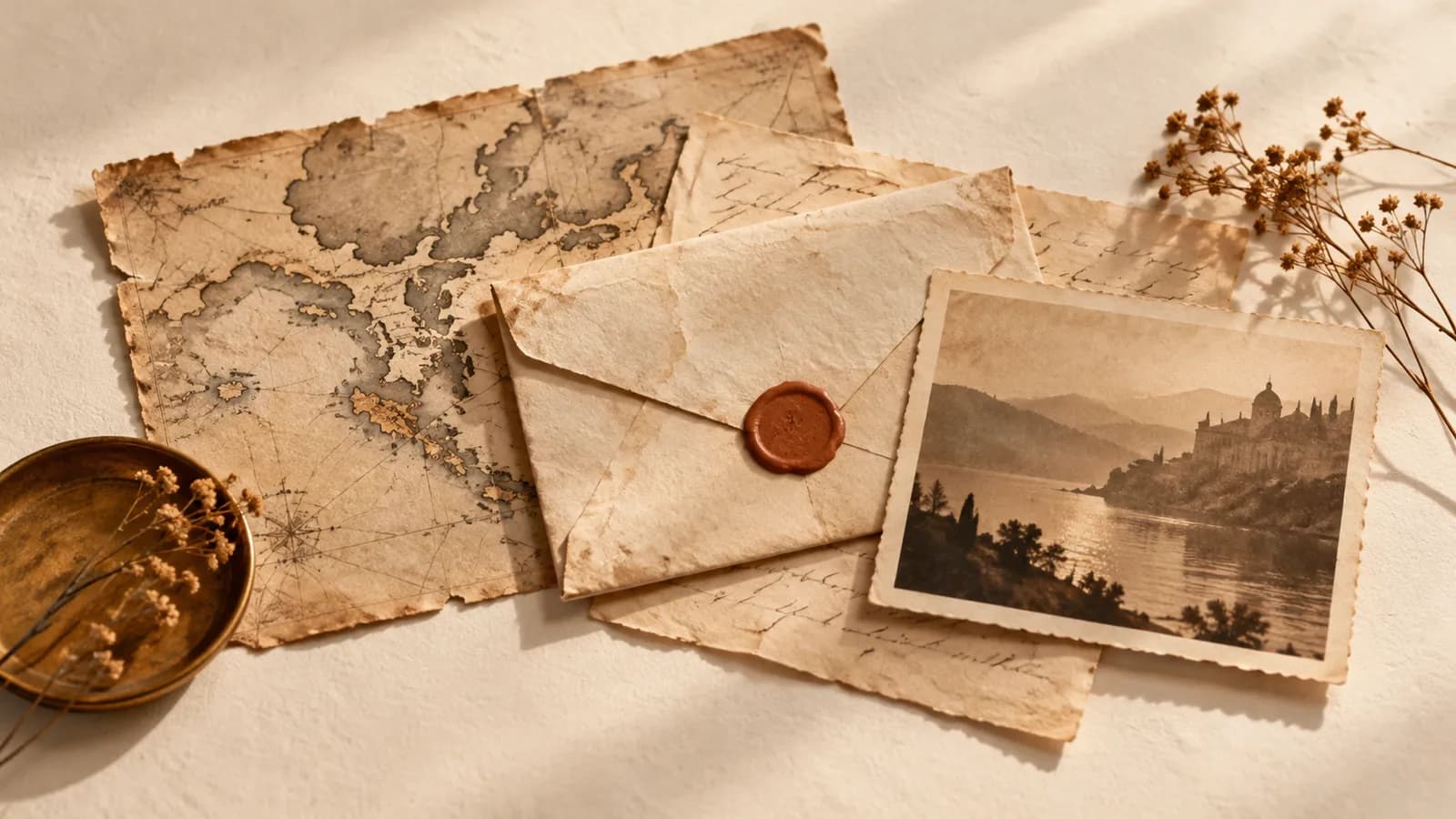 Documentos antigos, fragmento de mapa, carta com selo de cera e fotografia sépia empilhados como um arquivo.