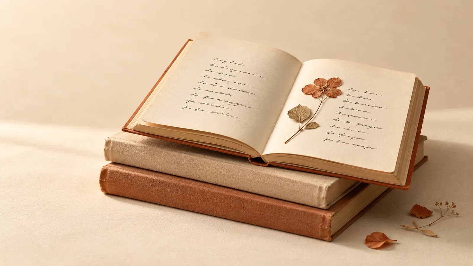 Livros antigos empilhados, um aberto em um poema manuscrito com flor seca prensada.