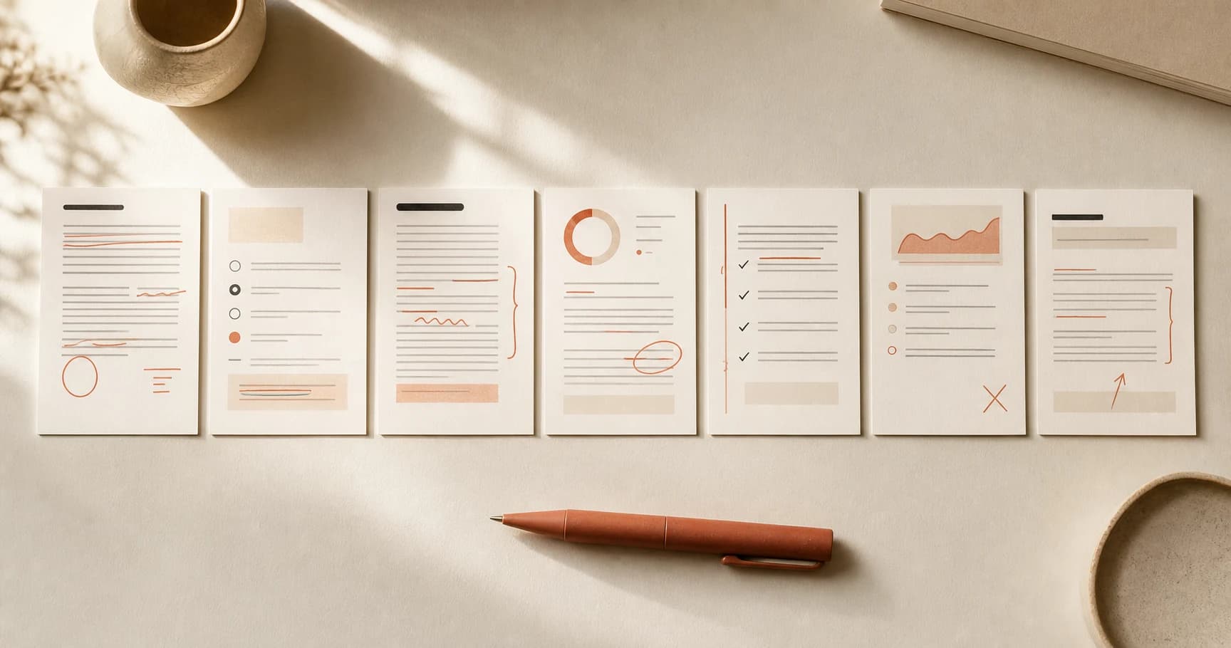 Caderno aberto com uma redação marcada ao lado de uma tabela de comparação de corretores online.