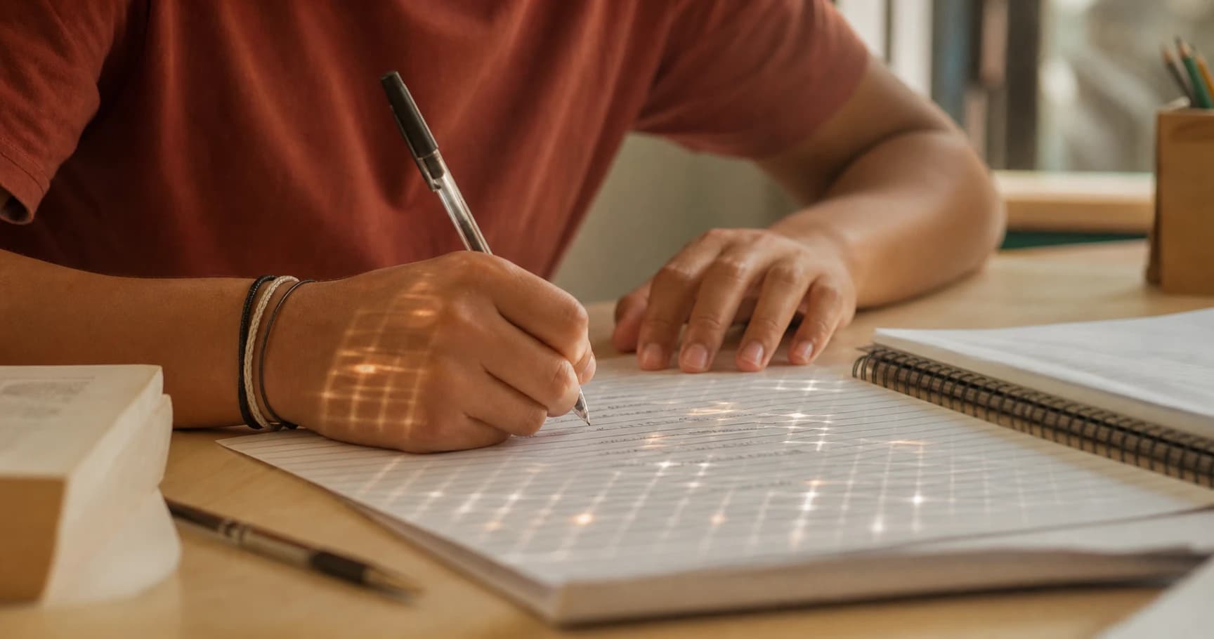 Estudante revisando uma redação no computador com marcações de inteligência artificial na tela.