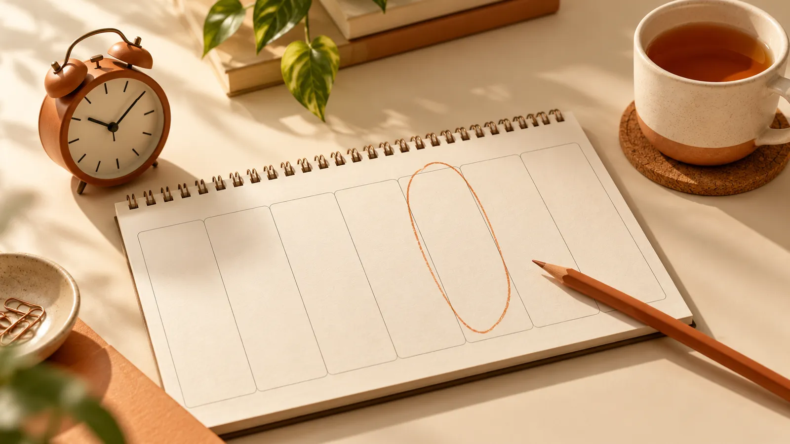 Planner semanal com um dia circulado em terracota, despertador e xícara de chá sobre a mesa.