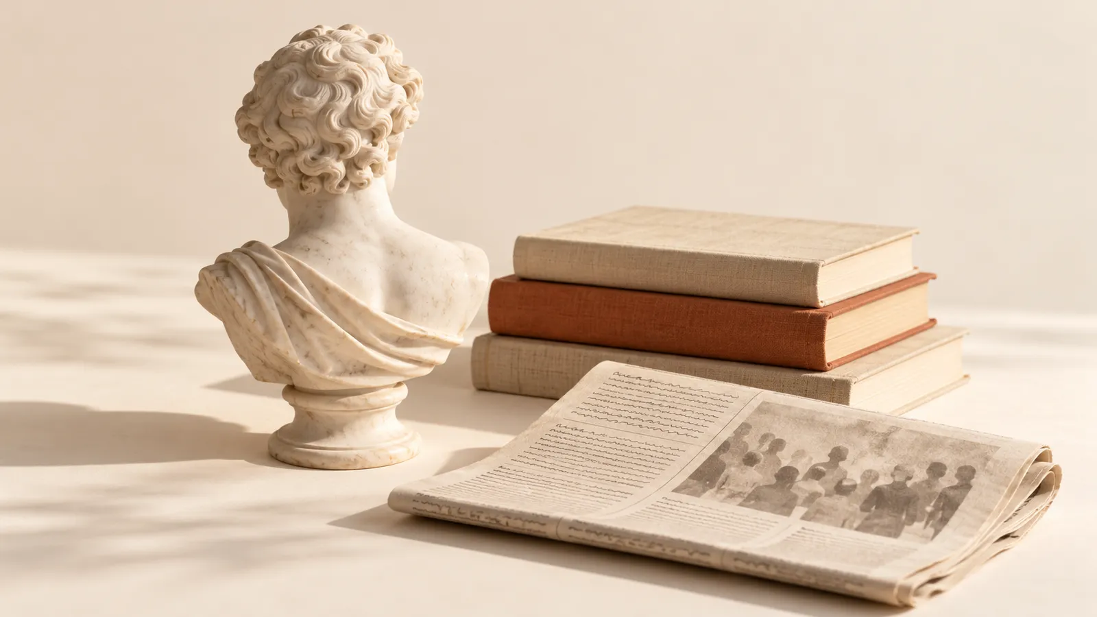 Busto clássico de mármore ao lado de livros empilhados e um jornal dobrado.