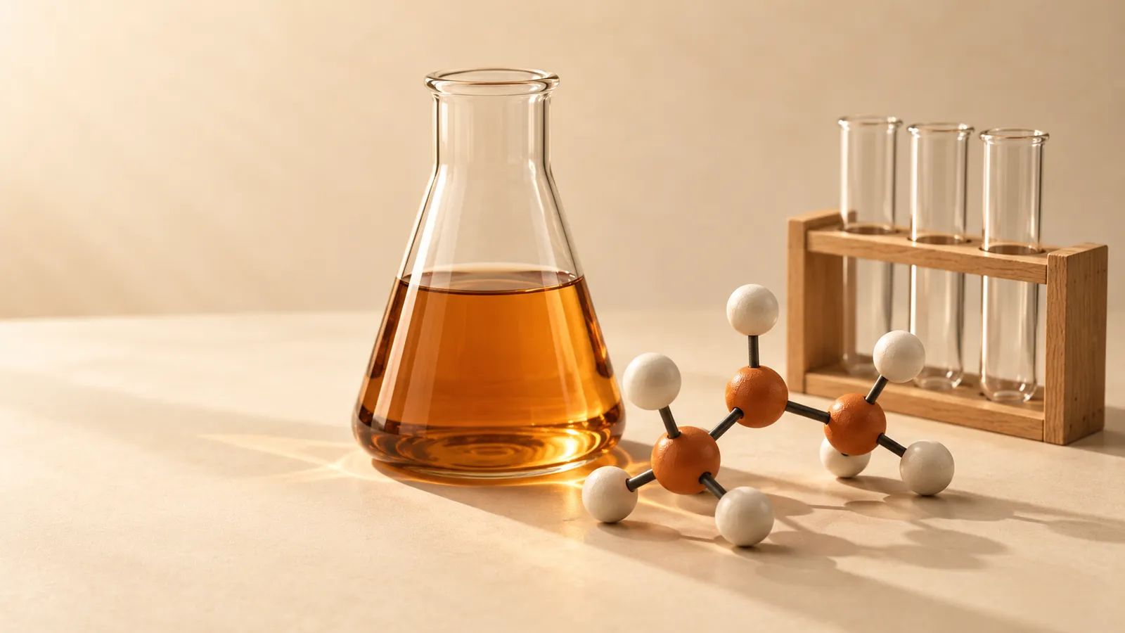 Erlenmeyer com líquido âmbar, modelo molecular de bolas e varetas e tubos de ensaio em suporte de madeira.